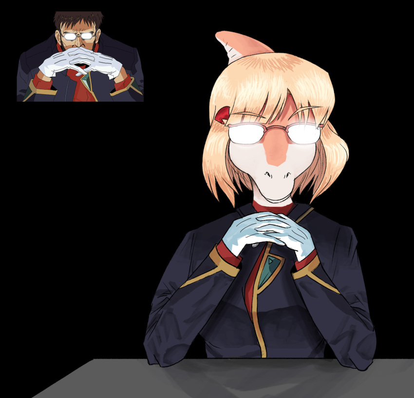 2023 absurd_res anthro black_background blonde_hair bow_tie clothing cosplay digital_drawing_(artwork) digital_media_(artwork) dinosaur eyewear female fingers gendo_ikari glasses gloves goodbye_volcano_high hadrosaurid hair handwear hi_res multicolored_body multicolored_scales naomi_(gvh) neon_genesis_evangelion orange_body orange_scales ornithischian parasaurolophus reptile scales scalie short_hair simple_background sitting sketch snoot_game_(fan_game) snout solo tan_body tan_scales the_soupsauce03 topwear two_tone_body two_tone_scales