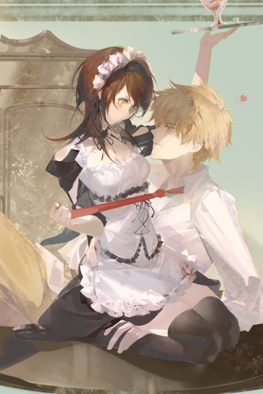 1boy 1girl apron arm_up ayuzawa_misaki black_choker black_footwear black_ribbon black_skirt black_sleeves black_thighhighs blonde_hair brown_hair choker collared_shirt couple eye_contact frilled_choker frills green_eyes hetero highres holding holding_plate kaichou_wa_maid-sama! long_hair looking_at_another maid_headdress miniskirt necktie necktie_grab neckwear_grab plate procreate_(medium) red_necktie ribbon samo_(shichun_samo) shirt short_hair skirt smile thighhighs underbust usui_takumi waist_apron white_apron white_shirt wing_collar yellow_eyes zettai_ryouiki