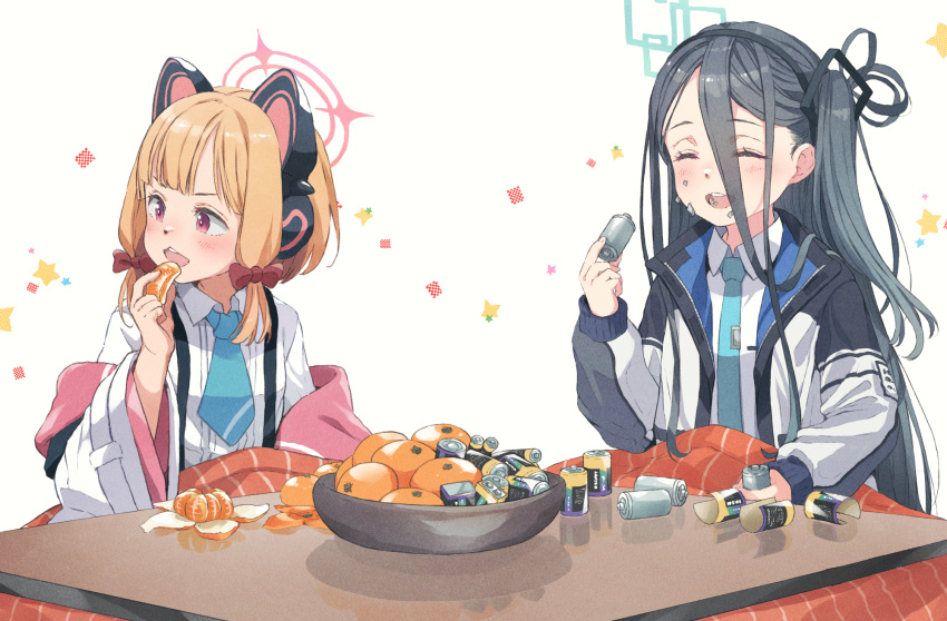 animal_ear_headphones animal_ears aris_(blue_archive) battery black_hair blue_archive bow bowl cat_ears closed_eyes commentary_request eating fake_animal_ears food fruit gomennasai hair_between_eyes hair_bow halo headphones highres holding holding_food jacket kotatsu light_brown_hair long_hair long_sleeves mandarin_orange momoi_(blue_archive) necktie off-shoulder_jacket off_shoulder open_mouth pink_eyes side_ponytail sidelocks sitting smile suspenders table upper_body wrapper