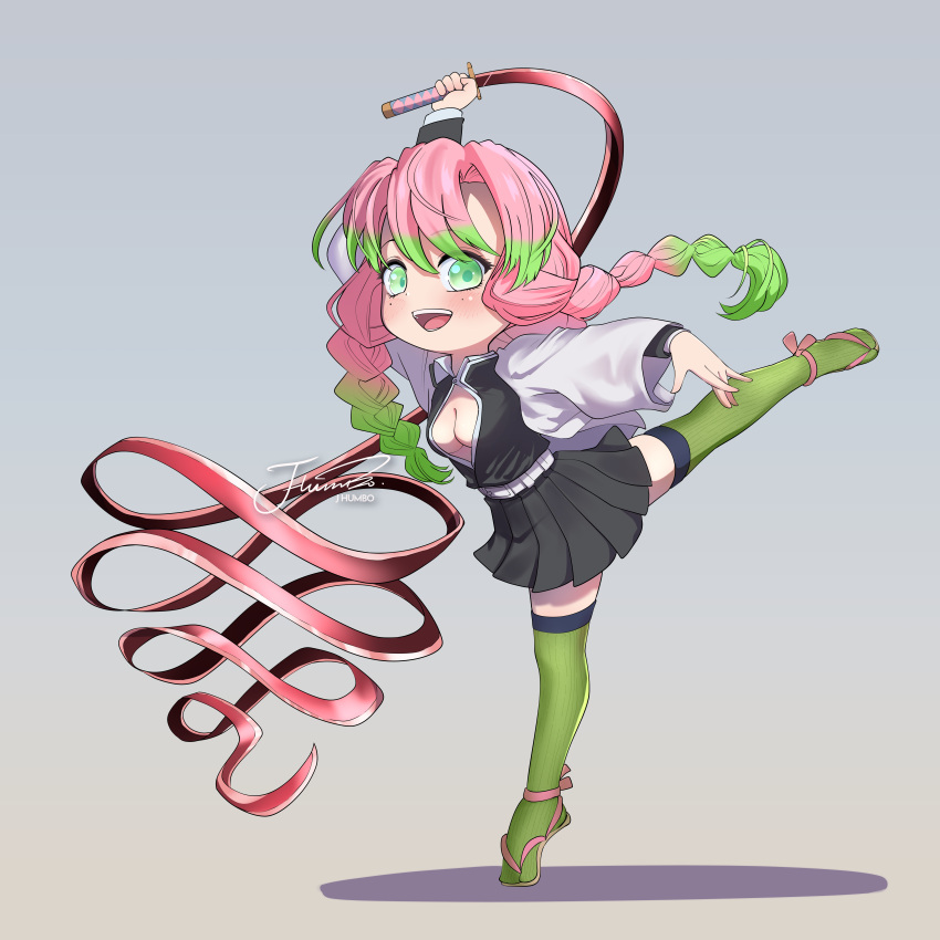 1girl :d absurdres artist_name belt braid breasts cleavage demon_slayer_uniform gradient_hair green_eyes green_hair green_thighhighs haori highres holding holding_sword holding_weapon j_humbo japanese_clothes kanroji_mitsuri kimetsu_no_yaiba leg_up long_hair looking_at_viewer medium_breasts mole mole_under_eye multicolored_hair multiple_braids open_mouth partially_unbuttoned pink_hair signature smile solo standing standing_on_one_leg sword thighhighs tiptoes tri_braids weapon whip_sword white_belt