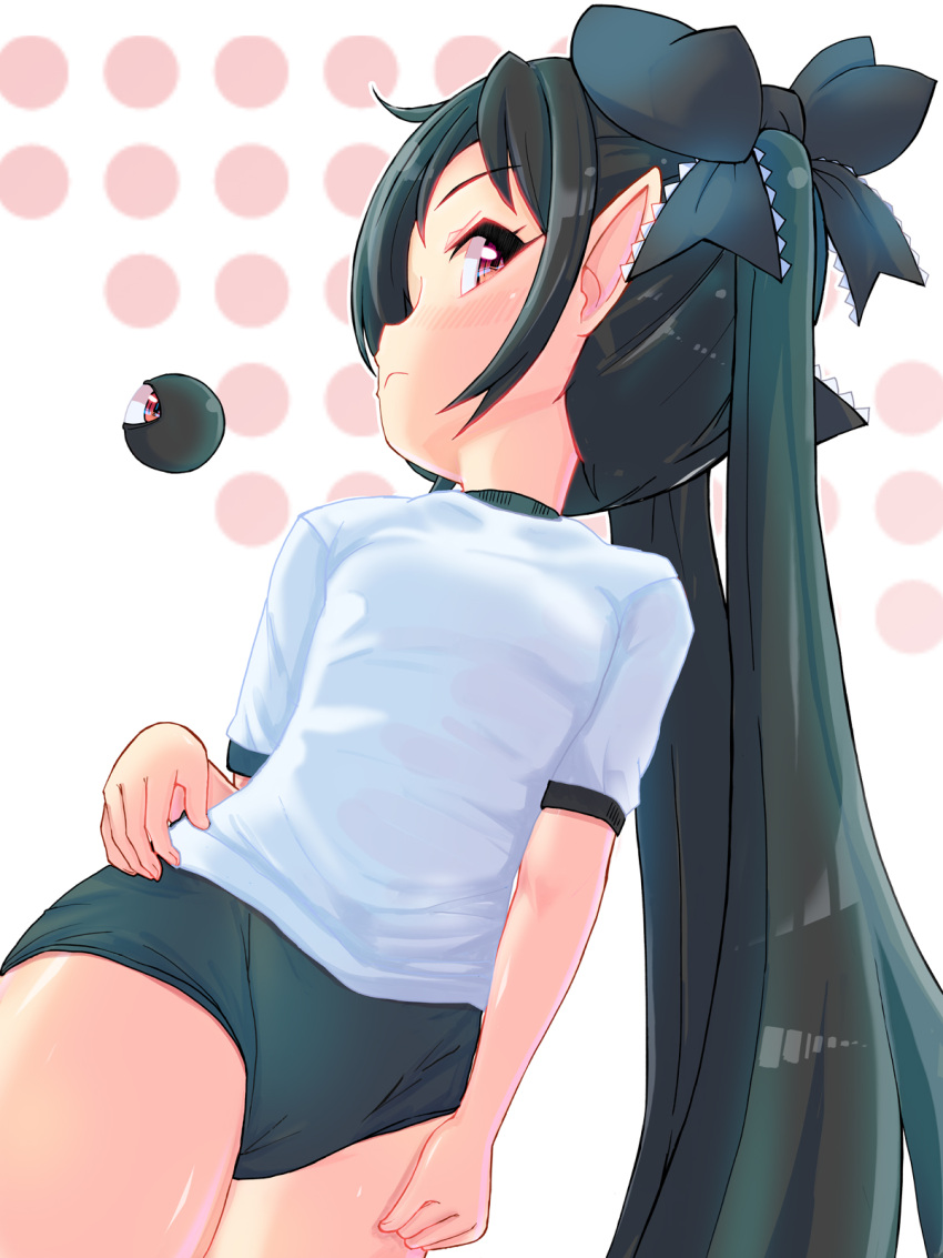 1girl backbeako backbeard black_buruma black_hair black_ribbon blush breasts buruma closed_mouth commentary expressionless gegege_no_kitarou gym_shirt hair_over_one_eye hair_ribbon hand_on_own_hip highres long_hair looking_at_viewer original paid_reward_available pointy_ears red_eyes ribbon shirt short_sleeves sideways_glance simple_background small_breasts solo torotei twintails variant_set white_background white_shirt