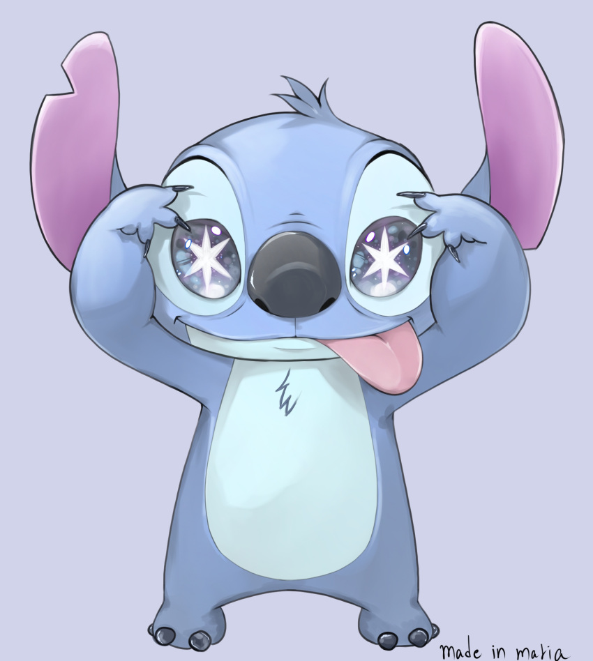 2023 alien ambiguous_gender anthro biped blue_body blue_fur chest_tuft claws digital_drawing_(artwork) digital_media_(artwork) disney experiment_(lilo_and_stitch) finger_claws front_view fur grey_nose head_tuft hi_res lilo_and_stitch looking_at_viewer male_(lore) maria_(pixiv_83043187) notched_ear pupils simple_background smile solo standing stitch_(lilo_and_stitch) tongue tongue_out tuft unusual_pupils