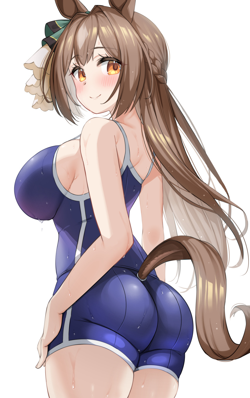 1girl absurdres animal_ears ass back blue_one-piece_swimsuit blush braid breasts brown_hair closed_mouth commentary_request competition_school_swimsuit cowboy_shot ear_ornament ear_ribbon french_braid from_side green_ribbon hair_intakes half_updo hand_on_own_thigh highres horse_ears horse_girl horse_tail impossible_clothes impossible_swimsuit kibihimi large_breasts long_hair looking_at_viewer looking_back looking_to_the_side one-piece_swimsuit orange_eyes ribbon satono_diamond_(umamusume) school_swimsuit sideboob simple_background single_vertical_stripe skin_tight solo standing straight_hair strap_gap swimsuit tail tail_through_clothes thighs tracen_swimsuit umamusume very_long_hair wet wet_clothes wet_hair white_background white_ribbon