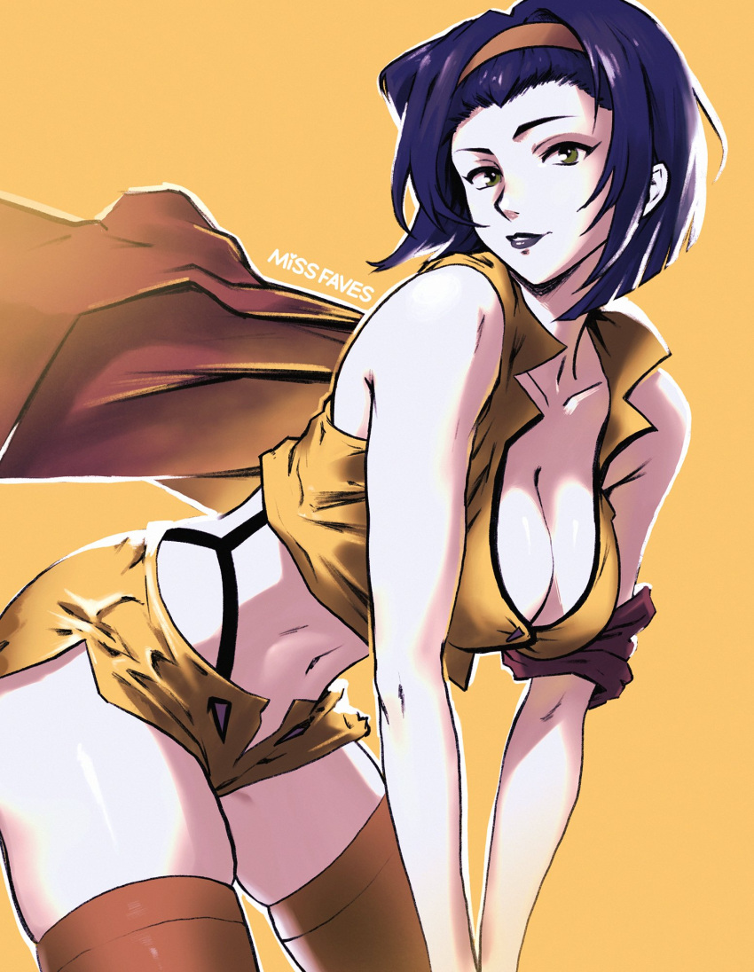 1girl armpit_crease artist_name breasts cape cleavage cowboy_bebop faye_valentine green_eyes hairband highres large_breasts medium_hair midriff missfaves navel plunging_neckline purple_hair purple_lips shirt shorts simple_background sleeveless sleeveless_shirt solo thighhighs yellow_background yellow_hairband yellow_shirt yellow_shorts