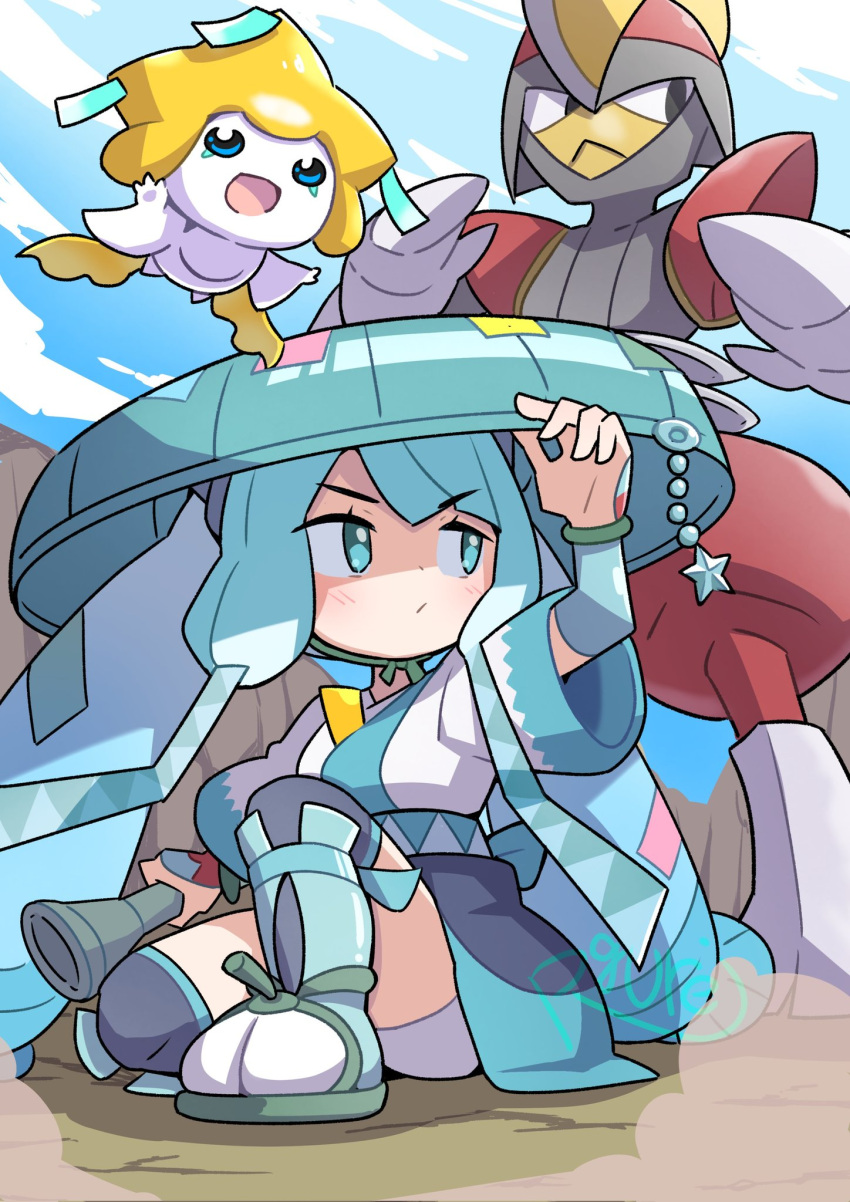 1girl aqua_hair aqua_headwear bisharp blue_eyes blue_hair chin_strap closed_mouth flute hat hat_ornament hatsune_miku highres holding holding_flute instrument japanese_clothes jirachi kimono long_hair looking_afar multicolored_hair on_floor poke_flute pokemon pokemon_(creature) print_sash project_voltage rgurei0529 sandogasa sash sitting star_(symbol) star_hat_ornament steel_miku_(project_voltage) tanzaku third_eye_on_chest twintails two-tone_skirt very_long_hair vocaloid wide_sleeves