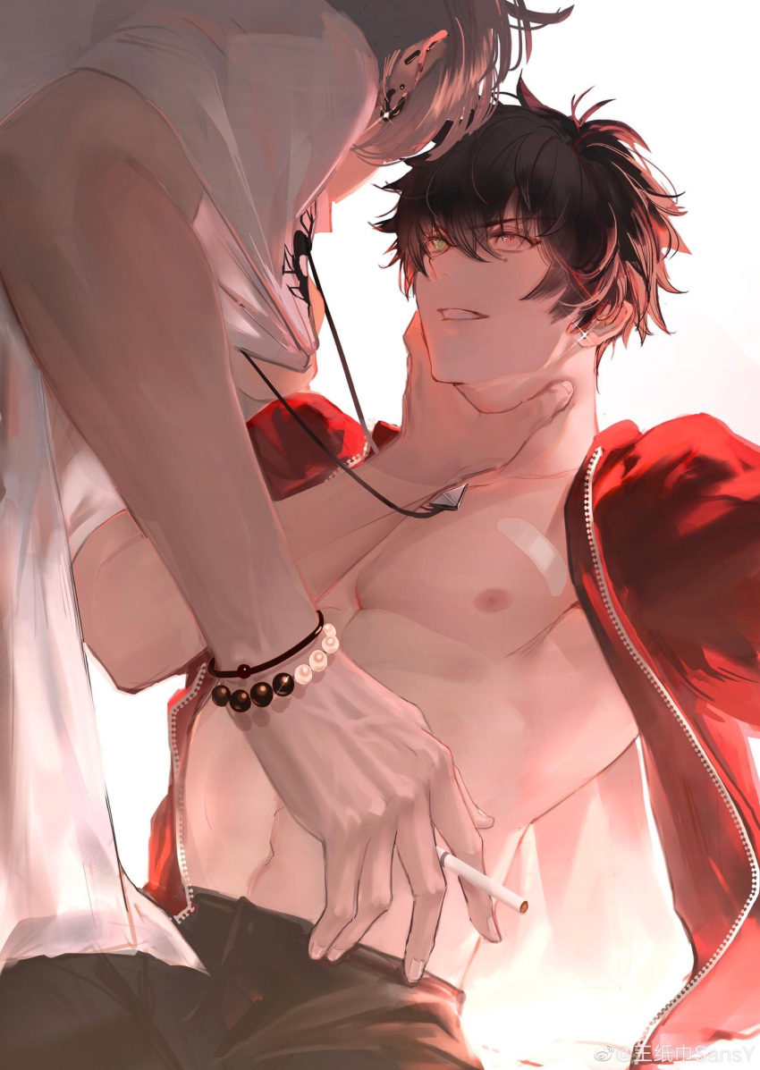 2boys abs aohitsugi_samatoki bare_pectorals bead_bracelet beads black_hair black_pants bracelet cigarette cowboy_shot denim ear_piercing face-to-face fingernails from_behind gleam green_eyes grin hand_on_another's_neck heterochromia highres holding holding_cigarette hoop_piercing hypnosis_mic jacket jeans jewelry kami_off_record leaning_forward long_sleeves looking_at_another male_focus mole mole_under_eye multiple_boys navel necklace nipples open_clothes open_jacket open_mouth pants pectorals piercing red_eyes red_jacket shirt shirt_grab short_hair short_sleeves simple_background sitting smile stomach t-shirt teeth v-shaped_eyebrows white_background white_hair white_shirt yamada_ichiro yaoi zipper