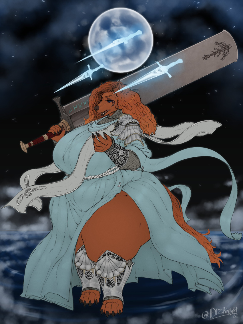absurd_res anthro armor big_breasts big_sword breasts canid canine canis claymore clothing curled_hair curvy_figure dagger dizzyknight domestic_dog dress female fog gauntlets gloves hair handwear hi_res holding_object holding_weapon huge_thighs long_hair mammal melee_weapon moon orange_body orange_hair pauldron raised_hand solo sword thick_thighs voluptuous weapon wide_hips