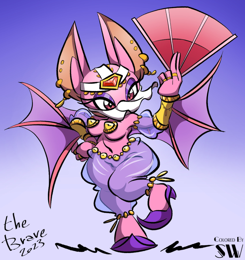 2023 anthro archie_comics bat bat_wings biped bracelet breasts bride_of_rich_nights clothed clothing collaboration colored dancing ear_piercing ear_ring eyeshadow face_veil female footwear front_view gem hand_fan hand_on_own_hip harem_jewelry harem_outfit harem_pants hi_res jewelry makeup mammal membrane_(anatomy) membranous_wings navel pasties piercing purple_eyeshadow ring ring_piercing sega shadowwalk simple_background skimpy solo sonic_the_hedgehog_(archie) sonic_the_hedgehog_(comics) sonic_the_hedgehog_(series) thebrave translucent translucent_clothing veil wings