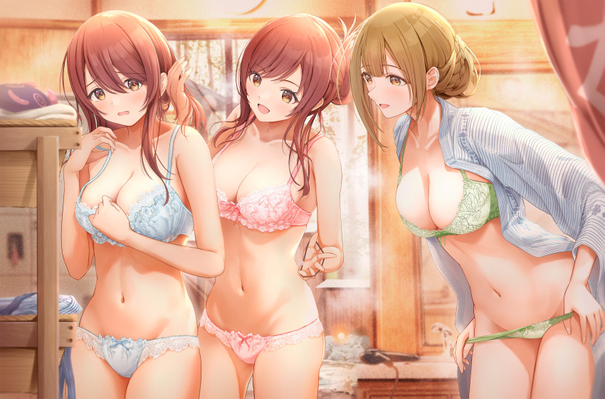 3girls absurdres adjusting_another's_hair adjusting_hair ahoge alstroemeria_(idolmaster) alternate_hairstyle blue_bra blue_panties blush bow bow_bra bow_panties bra braid breasts brown_eyes brown_hair cleavage collarbone embarrassed folded_ponytail french_braid fujinomiya_rio green_bra green_panties hair_bun hair_tie hairdressing hand_in_another's_hair hands_in_hair highres holding holding_another's_hair holding_hair holding_hair_tie huge_ahoge idolmaster idolmaster_shiny_colors indoors japanese_clothes kimono kuwayama_chiyuki lace lace-trimmed_bra lace_bra lace_panties lace_trim large_breasts leaning_forward lingerie long_hair long_sleeves medium_breasts multiple_girls navel open_clothes open_kimono open_mouth open_shirt osaki_amana osaki_tenka outdoors panties panty_pull pink_bra pink_panties ponytail red_hair siblings single_hair_bun sisters smile standing stomach striped striped_kimono swept_bangs twins tying_hair underwear underwear_only undressing yellow_eyes