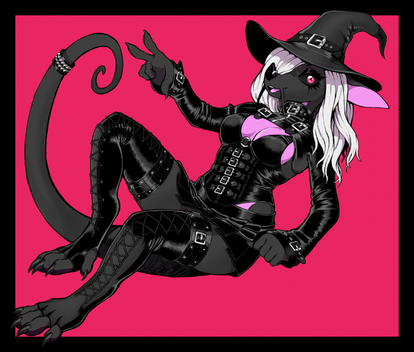 accessory anthro black_body black_border black_fur black_sclera boots border bottomwear breasts chimera cleavage clothed clothing corset female footwear fur furgonomics goth gutter-bunny hair hat headgear headwear hi_res jewelry leather legwear lingerie mammal miniskirt open_mouth open_smile pink_body pink_fur red_background simple_background skirt smile solo tail tail_accessory tail_bracelet tail_jewelry thigh_boots thigh_highs toeless_boots toeless_footwear topwear white_hair wide_eyed witch_hat