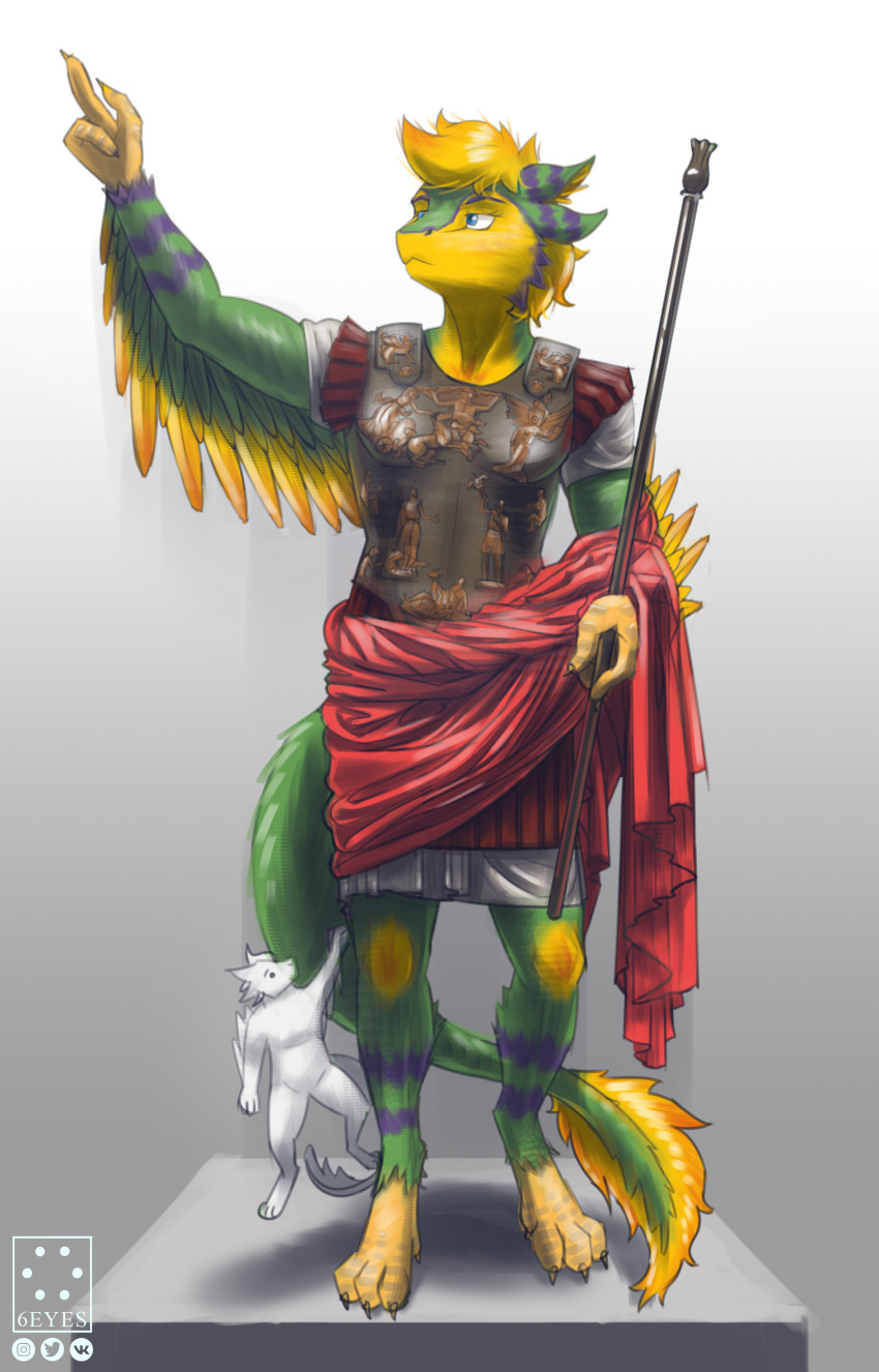 4_ears 6_eyes absurd_res anthro armor avali clothed clothing feathers fingers green_body green_feathers hair hi_res holding_object male multi_ear multi_eye octavianus_augustus orange_body orange_feathers scepter simple_background solo standing tail tiskanomicon tunic watermark winged_arms wings yellow_body yellow_feathers