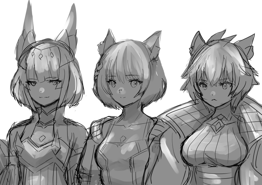 absurdres animal_ears blunt_bangs breasts camisole cat_ears cat_girl chest_jewel clothing_cutout core_crystal_(xenoblade) crystal diamond_cutout facial_mark gloves grey_hair highres jacket karian909 large_breasts looking_at_viewer medium_breasts messy_hair mio_(xenoblade) multiple_girls na'el_(xenoblade) nia_(xenoblade) romper short_hair shorts simple_background small_breasts smile tank_top white_camisole white_jacket white_tank_top xenoblade_chronicles_(series) xenoblade_chronicles_3 xenoblade_chronicles_3:_future_redeemed yellow_eyes
