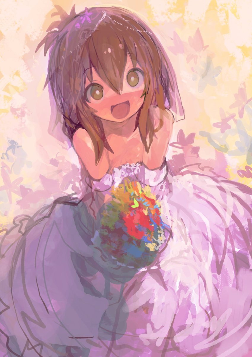 1girl absurdres bouquet brown_eyes brown_hair commentary dress folded_ponytail hair_between_eyes highres holding holding_bouquet inazuma_(kancolle) kaamin_(mariarose753) kantai_collection long_hair looking_at_viewer open_mouth sidelocks smile solo wedding_dress white_dress