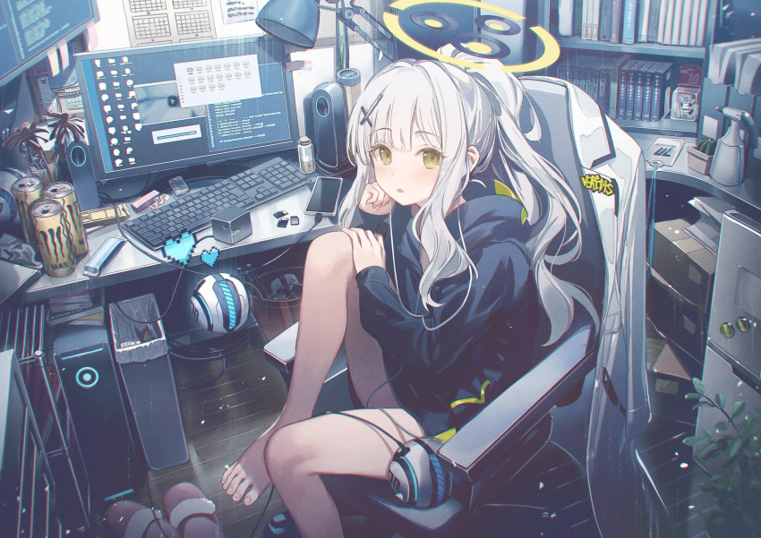 1girl barefoot black_hoodie blue_archive blush can cellphone chair green_eyes green_halo grey_hair halo hare_(blue_archive) highres hood hoodie kaerunoko keyboard_(computer) long_hair long_sleeves monitor monster_energy open_mouth phone ponytail sitting smartphone solo