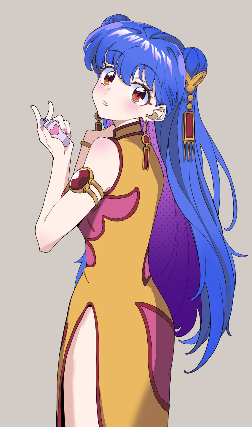 1girl absurdres armlet blue_hair breasts brown_background china_dress chinese_clothes colored_inner_hair double_bun dress earrings from_behind hair_behind_ear hair_bun head_tilt highres holding jewelry looking_at_viewer looking_back medium_breasts multicolored_hair orange_dress parted_lips pink_dress purple_hair ranma_1/2 shampoo_(ranma_1/2) side_slit solo two-tone_dress yaha0079