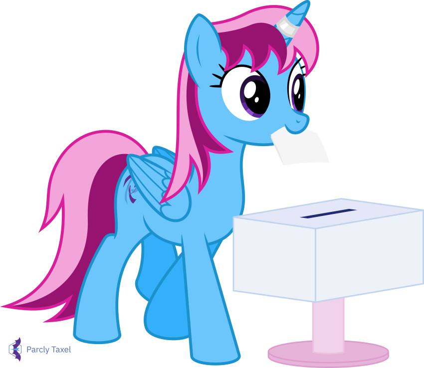 2023 absurd_res alpha_channel artist_name ballot ballot_box blue_body equid equine female feral hair hasbro hi_res horn horn_jewelry horn_ring jewelry mammal mouth_hold multicolored_hair my_little_pony parcly_taxel parclytaxel pink_hair purple_eyes ring_(jewelry) signature simple_background solo transparent_background two_tone_hair vote walking winged_unicorn wings