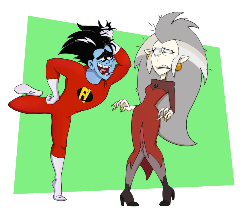 bodysuit boots clothing crossover disgust disney duo eda_clawthorne eye_contact female footwear freakazoid freakazoid! gloves hair handwear hi_res high_heels human humanoid humanoid_pointy_ears long_hair looking_at_another male mammal not_furry open_mouth scottforester17 simple_background skinsuit teeth the_owl_house tight_clothing witch_(the_owl_house)