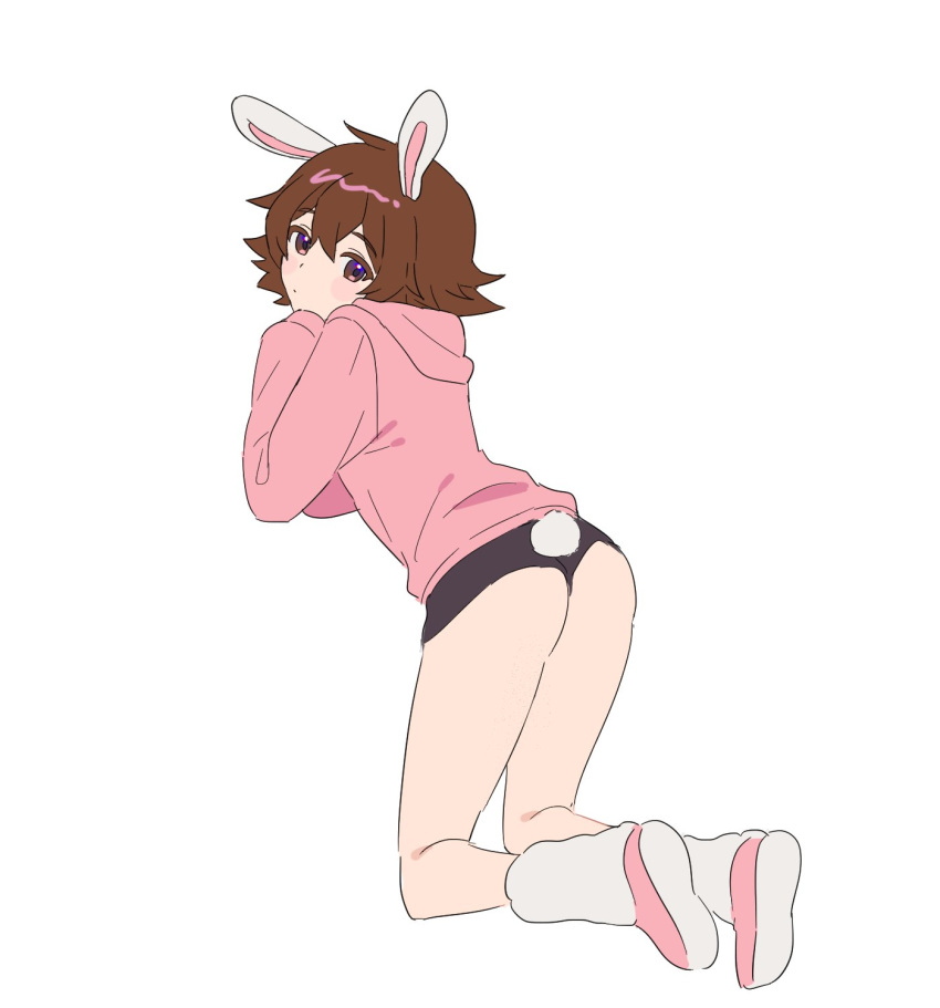 1boy alternate_costume animal_ears ass brown_hair commentary full_body highres hilbert_(pokemon) hood hood_down hooded_jacket jacket kneeling leaning_forward long_sleeves loose_socks male_focus micro_shorts p_(flavorppp) pink_footwear pink_jacket pokemon pokemon_(game) pokemon_bw rabbit_ears rabbit_tail shoes short_hair shorts simple_background socks solo symbol-only_commentary tail wedgie white_background white_socks