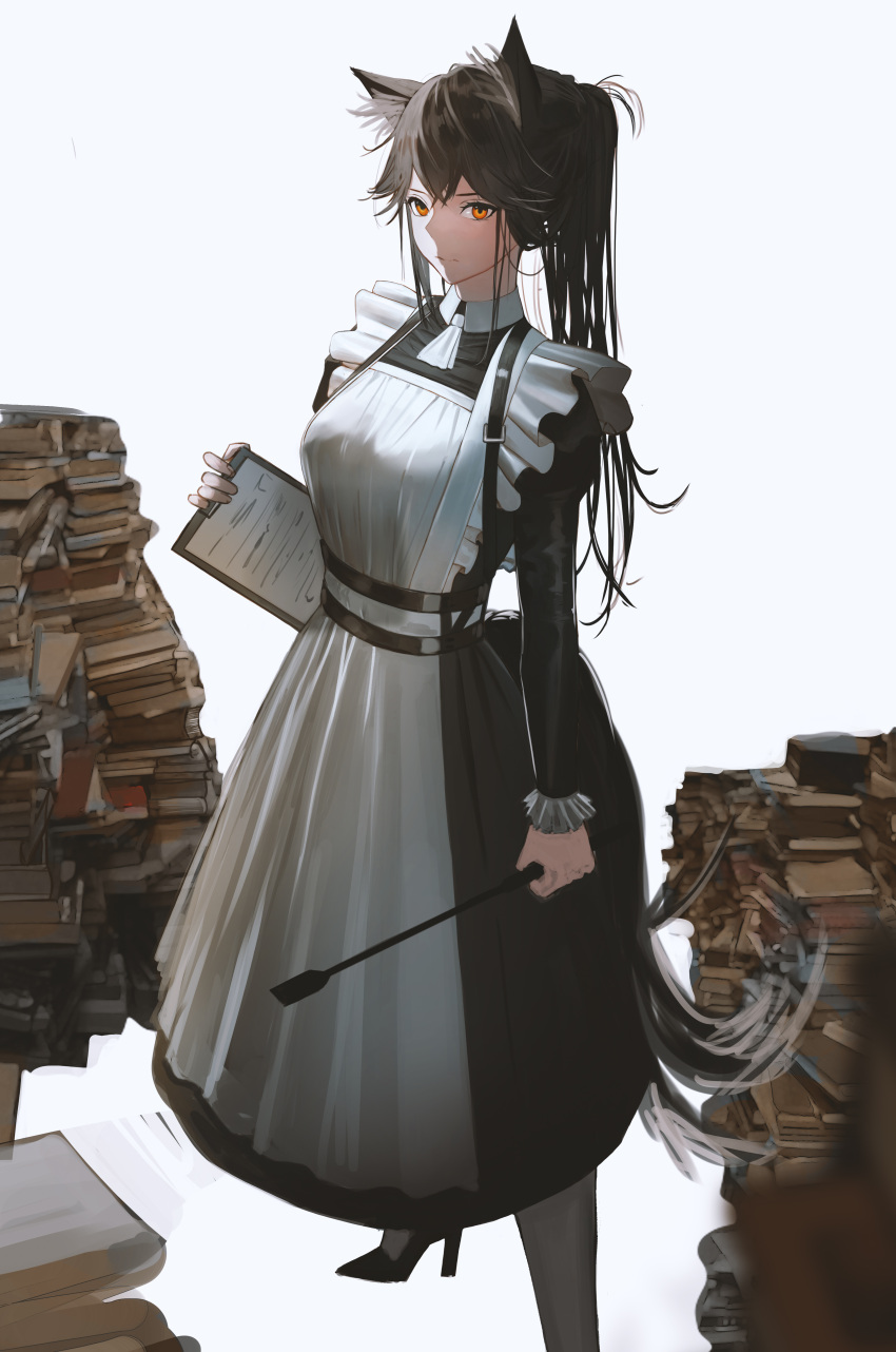 1girl absurdres alternate_costume animal_ears arknights black_dress black_footwear black_hair book book_stack dress enmaided full_body ganet_p high_heels highres long_hair looking_at_viewer maid orange_eyes ponytail sidelocks simple_background solo standing tail texas_(arknights) white_background wolf_ears wolf_girl wolf_tail