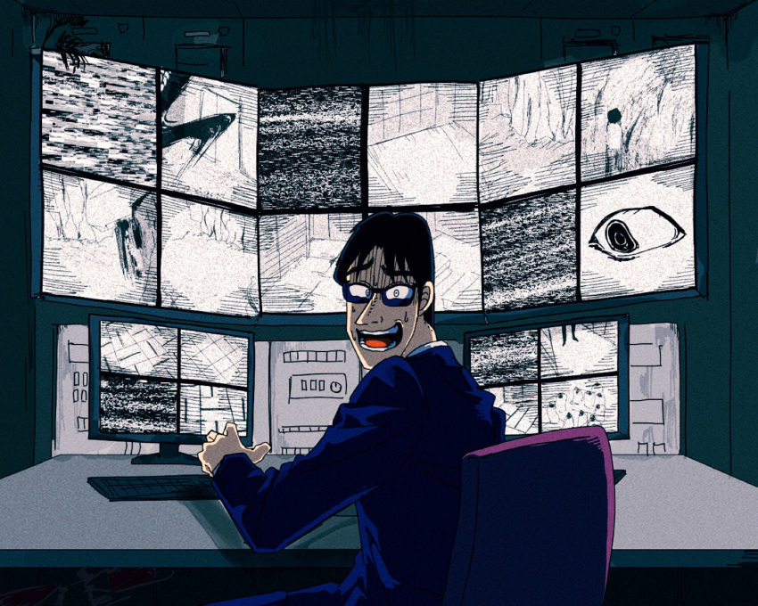 1-nichi_gaishutsuroku_hanchou 1boy black_hair blue_jacket chair commentary computer gloom_(expression) jacket kaiji keyboard_(computer) looking_at_viewer looking_back male_focus medium_bangs miyamoto_hajime monitor multiple_screens nervous_smile nervous_sweating open_mouth parted_bangs satou_(ultrmngrtsrt) security_camera short_hair sitting smile solo static suit sunglasses sweat table teeth upper_body white_eyes