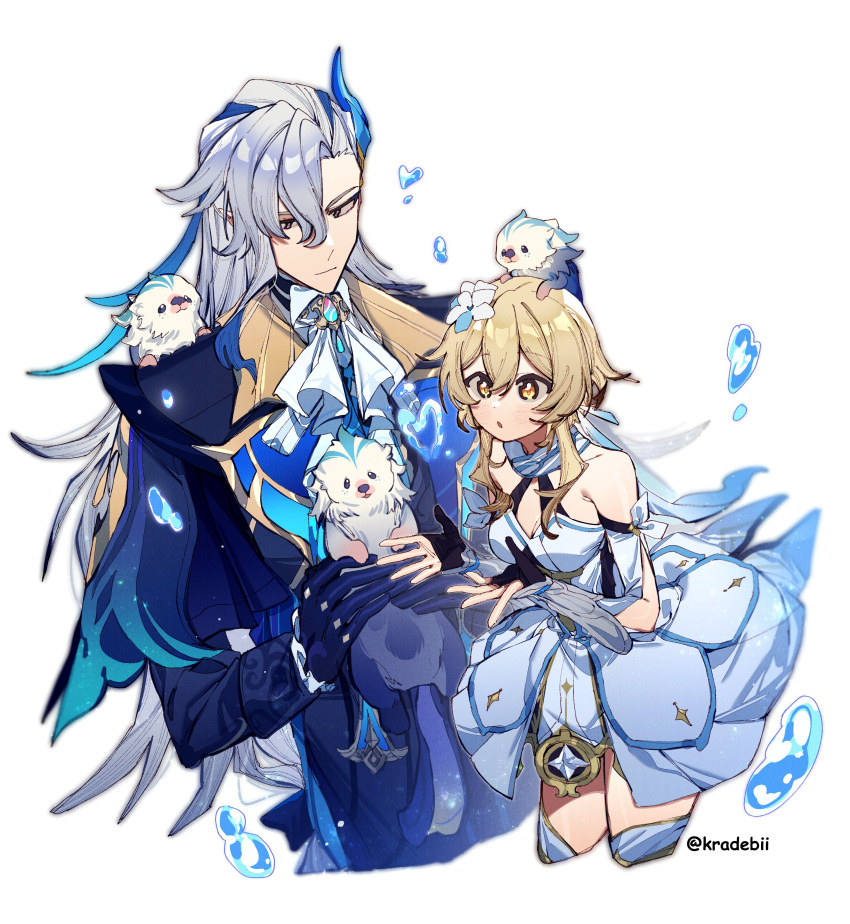 1boy 1girl absurdres black_gloves blonde_hair couple dress flower genshin_impact gloves hair_flower hair_ornament hetero highres kradebii long_hair neuvillette_(genshin_impact) short_hair simple_background white_background white_dress white_hair