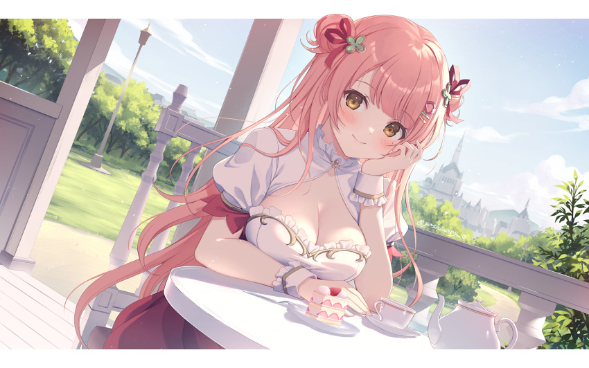 1girl blunt_bangs blush border breasts cake cake_slice cleavage cloud cloudy_sky clover_hair_ornament commission cup day double_bun dress dutch_angle food food-themed_hair_ornament frills grass hair_bun hair_ornament hairclip hand_on_own_chin head_rest highres indie_virtual_youtuber lamppost large_breasts letterboxed long_hair looking_at_viewer merun_morino mole mole_under_eye outdoors pink_hair porch puffy_short_sleeves puffy_sleeves red_dress red_ribbon ribbon short_sleeves skeb_commission sky smile solo strawberry_hair_ornament tea_party tea_set teacup teapot tree very_long_hair virtual_youtuber white_border white_dress wooden_porch wrist_cuffs yellow_eyes yoshino_ryou