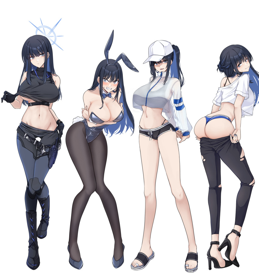 1girl absurdres alternate_costume animal_ears arms_under_breasts ass baseball_cap belt black_hair blue_archive blue_bow blue_bowtie blue_hair blue_nails blue_panties bow bowtie breasts clenched_teeth colored_inner_hair crop_top crop_top_overhang detached_collar grey_eyes halo hat high_heels highres holster knife large_breasts long_hair multicolored_hair multiple_views navel panties pantyhose playboy_bunny rabbit_ears rabbit_tail sandals saori_(blue_archive) short_shorts shorts stomach tail teeth thigh_holster two-tone_hair underwear v-shaped_eyebrows yoru0409