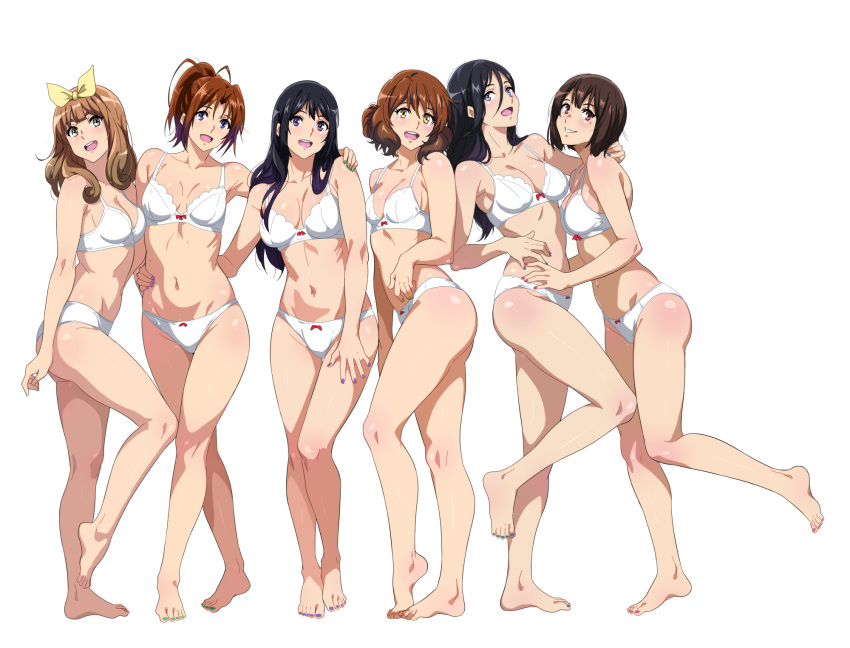 6+girls :d barefoot black_hair blue_eyes blue_nails bra breasts brown_eyes brown_hair commentary full_body grin hand_on_another's_hip hibike!_euphonium highres kousaka_reina large_breasts long_hair medium_breasts medium_hair mole mole_under_eye multiple_girls nakagawa_natsuki nakaseko_kaori navel open_mouth oumae_kumiko panties purple_eyes purple_nails red_nails sbel02 short_hair side-by-side simple_background small_breasts smile standing stomach symbol-only_commentary tanaka_asuka thighs underwear underwear_only white_background white_bra white_panties yellow_eyes yoshikawa_yuuko