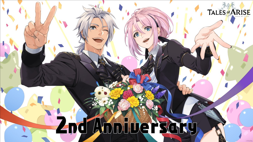 1boy 1girl alphen_(tales) anniversary blue_eyes confetti copyright_name couple dark-skinned_male dark_skin hair_between_eyes hair_bun hand_on_another's_hip happy_anniversary highres juliet_sleeves long_hair long_sleeves looking_at_viewer official_alternate_costume official_alternate_hair_length official_alternate_hairstyle official_art open_mouth parted_bangs pink_hair ponytail puffy_sleeves shionne_(tales) sidelocks smile spiked_hair streamers tales_of_(series) tales_of_arise very_long_hair white_hair