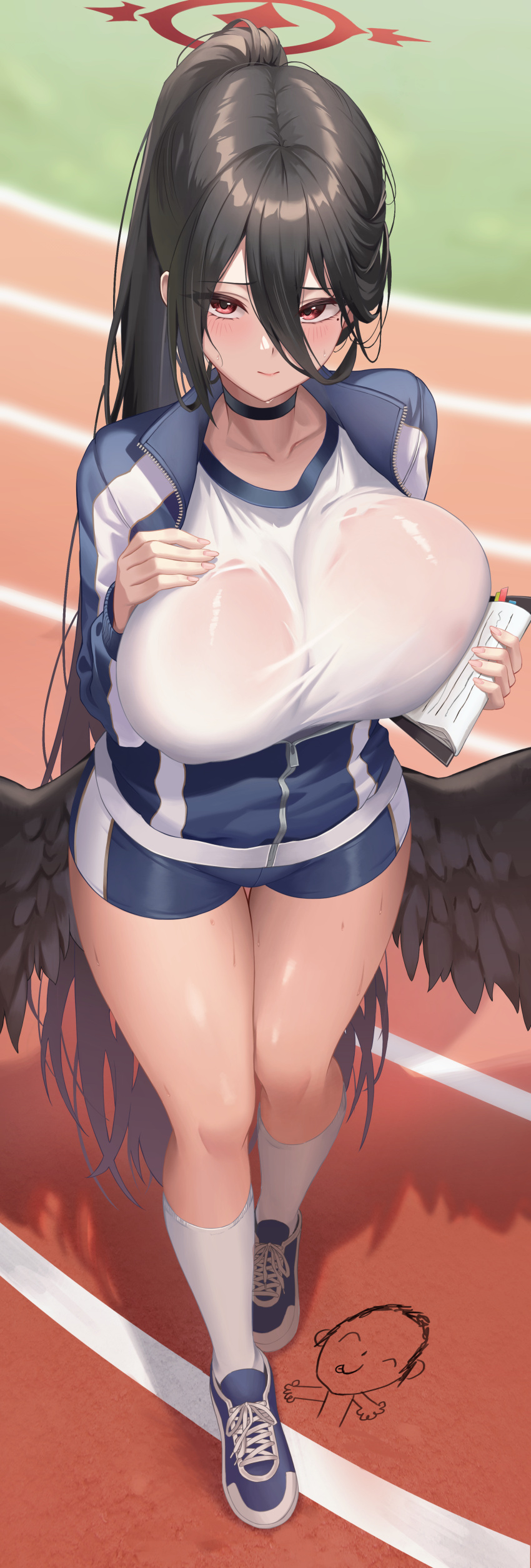 1girl absurdres arona's_sensei_doodle_(blue_archive) black_hair black_wings blue_archive blush breast_lift breast_suppress breasts choker clipboard closed_mouth collarbone covered_nipples feathered_wings from_above gym_uniform hair_between_eyes halo hasumi_(blue_archive) highres holding holding_clipboard jacket kneehighs large_breasts light_smile long_bangs long_hair looking_at_viewer low_wings open_clothes open_jacket outdoors partially_unzipped ponytail red_eyes see-through sensei_(blue_archive) shirt shoes short_shorts shorts sneakers socks solo taut_clothes taut_shirt thigh_gap tight_clothes track_and_field track_jacket tsurime upturned_eyes very_long_hair white_shirt white_socks wings yj_(yojo_san)
