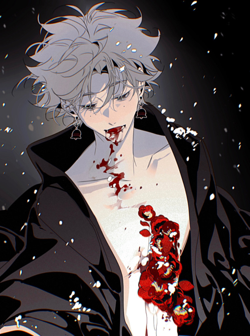 1boy absurdres bell bell_earrings black_background black_coat bleeding blood blood_from_mouth blood_on_chest blurry coat earrings flower grey_eyes grey_hair hair_over_eyes half-closed_eyes highres injury jewelry looking_down male_focus mole mole_under_eye naked_coat open_clothes open_coat open_mouth original red_flower robe short_hair snowing solo wenyiyuuuuu