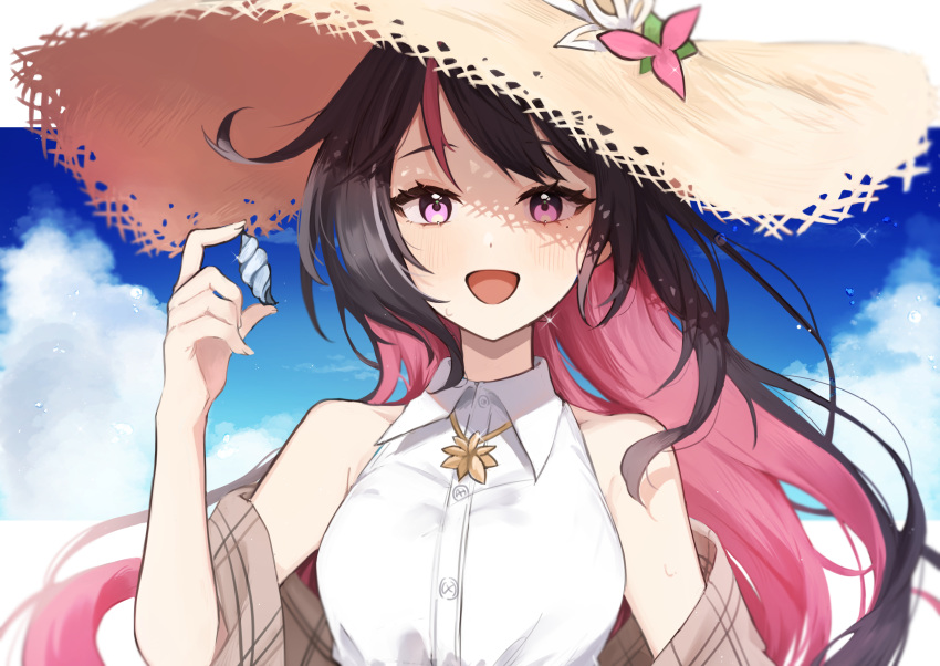 1girl :d absurdres azki_(hololive) bare_shoulders black_hair blue_sky blush buttons cloud collared_shirt colored_inner_hair hand_up hat highres holding holding_shell hololive jewelry long_hair looking_at_viewer mashiro_io multicolored_hair necklace open_mouth outdoors pink_eyes pink_hair shell shirt sky sleeveless sleeveless_shirt smile solo straw_hat streaked_hair two-tone_hair virtual_youtuber white_shirt