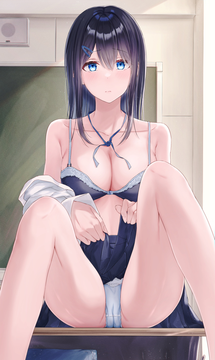 1girl absurdres bangs bare_legs black_bra black_hair black_skirt blue_eyes bra breasts cameltoe chalkboard classroom cleavage closed_mouth clothes_lift collarbone crotch desk hair_between_eyes hair_ornament hairclip highres indoors large_breasts lifted_by_self long_hair looking_at_viewer meen_(ouaughikepdvrsf) on_desk original panties school_desk school_uniform shirt sidelocks sitting sitting_on_desk skirt skirt_lift solo thighs underwear white_panties white_shirt