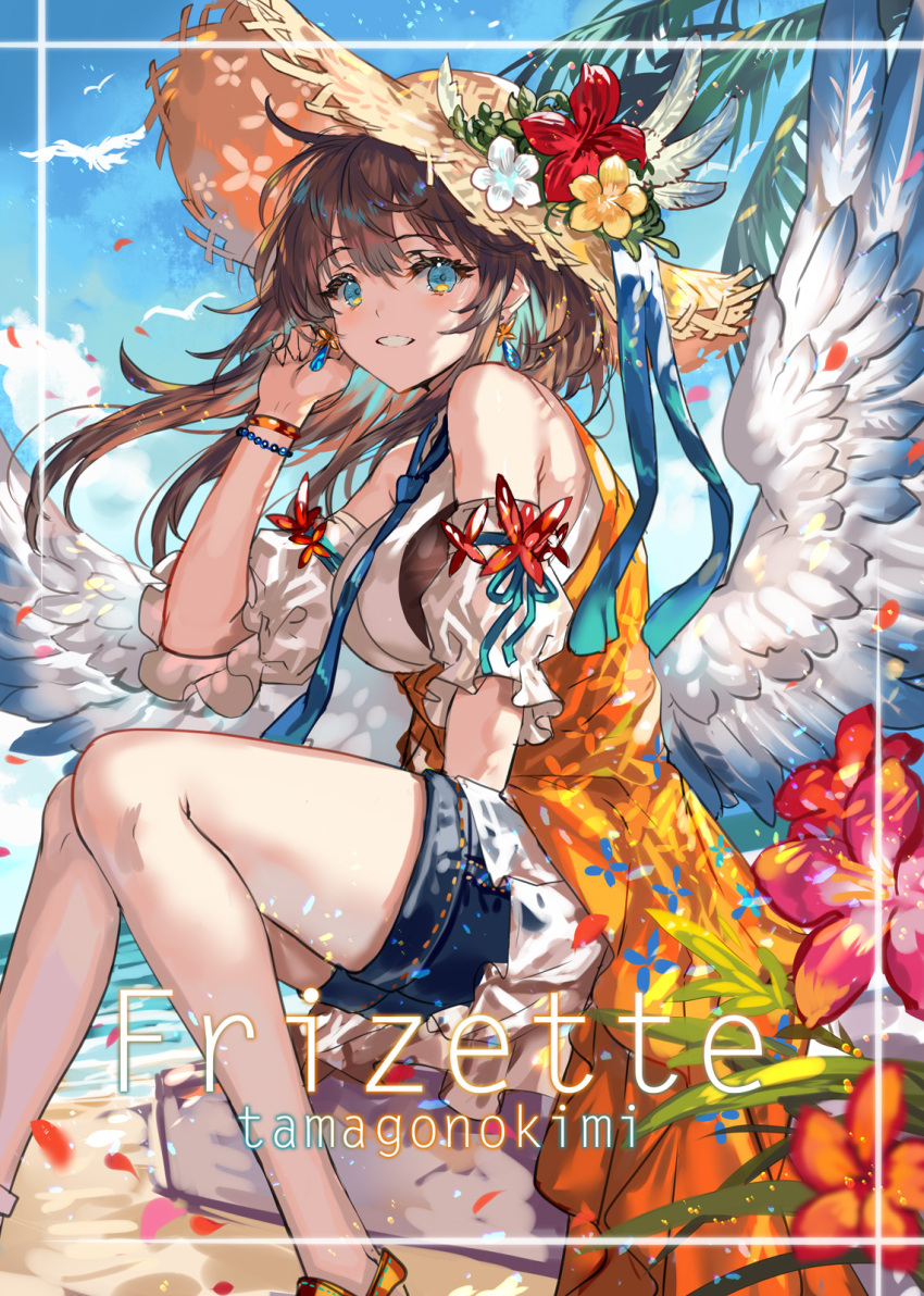1girl bare_shoulders bead_bracelet beads blue_eyes blue_shorts blue_sky blush bracelet breasts brown_hair comiket_102 commentary_request cover cover_page day detached_sleeves doujin_cover earrings flower hat hat_flower hat_ornament highres jewelry large_breasts long_hair looking_at_viewer original outdoors parted_lips ran'ou_(tamago_no_kimi) short_shorts short_sleeves shorts sitting sky smile straw_hat thighs water wings