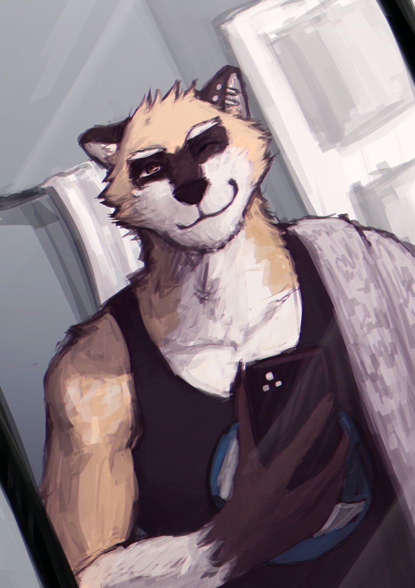 2022 absurd_res anthro athletic black_clothing black_shirt black_tank_top black_topwear clothing colored digital_media_(artwork) dreff ear_piercing fluffy fur hi_res holding_object holding_phone inside looking_at_viewer male mammal mirror_selfie nick_saunders_(templar) one_eye_closed pecs phone piercing procyonid raccoon selfie shirt sketch smile solo standing super-nova tank_top topwear wink yellow_body yellow_fur