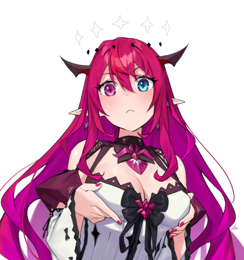 1girl blue_eyes blush breasts cleavage crystal_wings dasdokter detached_sleeves double_halo halo heterochromia highres hololive hololive_english horns irys_(1st_costume)_(hololive) irys_(hololive) long_hair looking_at_viewer nail_polish pink_eyes pointy_ears purple_hair simple_background solo virtual_youtuber white_background