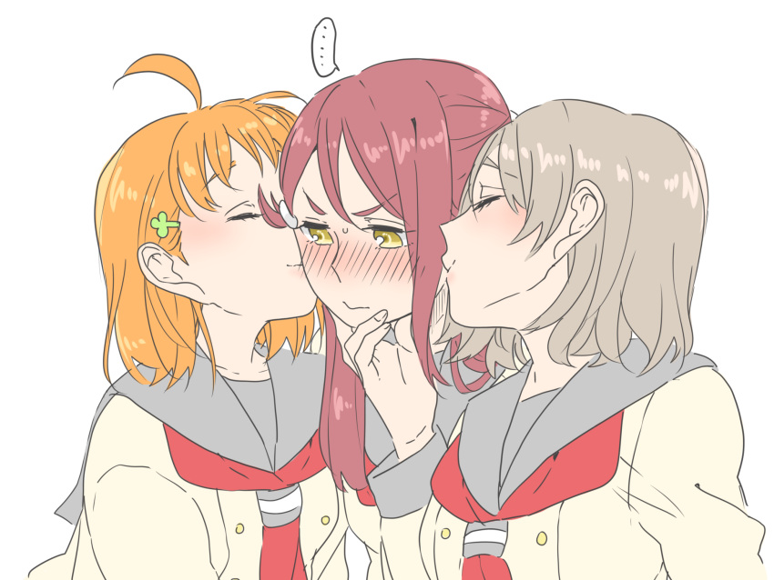 ... ahoge blush breasts brown_hair closed_eyes closed_mouth commentary_request double_cheek_kiss girl_sandwich grey_sailor_collar hair_between_eyes hair_ornament hairclip half_updo hand_on_another's_chin highres kashikaze kiss kissing_cheek long_hair long_sleeves love_live! love_live!_sunshine!! medium_breasts medium_hair neckerchief orange_hair red_hair red_neckerchief sailor_collar sakurauchi_riko sandwiched school_uniform serafuku shirt short_hair sidelocks simple_background single_sidelock spoken_ellipsis sweatdrop takami_chika upper_body uranohoshi_school_uniform watanabe_you white_background white_shirt yellow_eyes yuri