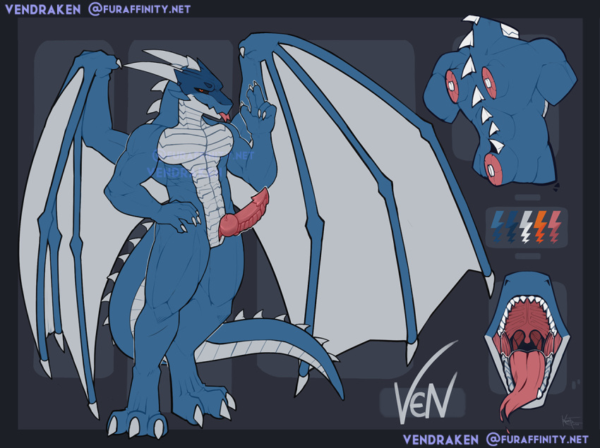 anthro blue_body dragon genitals grin horn humanoid kentott0 male membrane_(anatomy) model_sheet open_mouth orange_eyes penis scalie smile solo tail teeth text url ven_(kodiak3d) wings