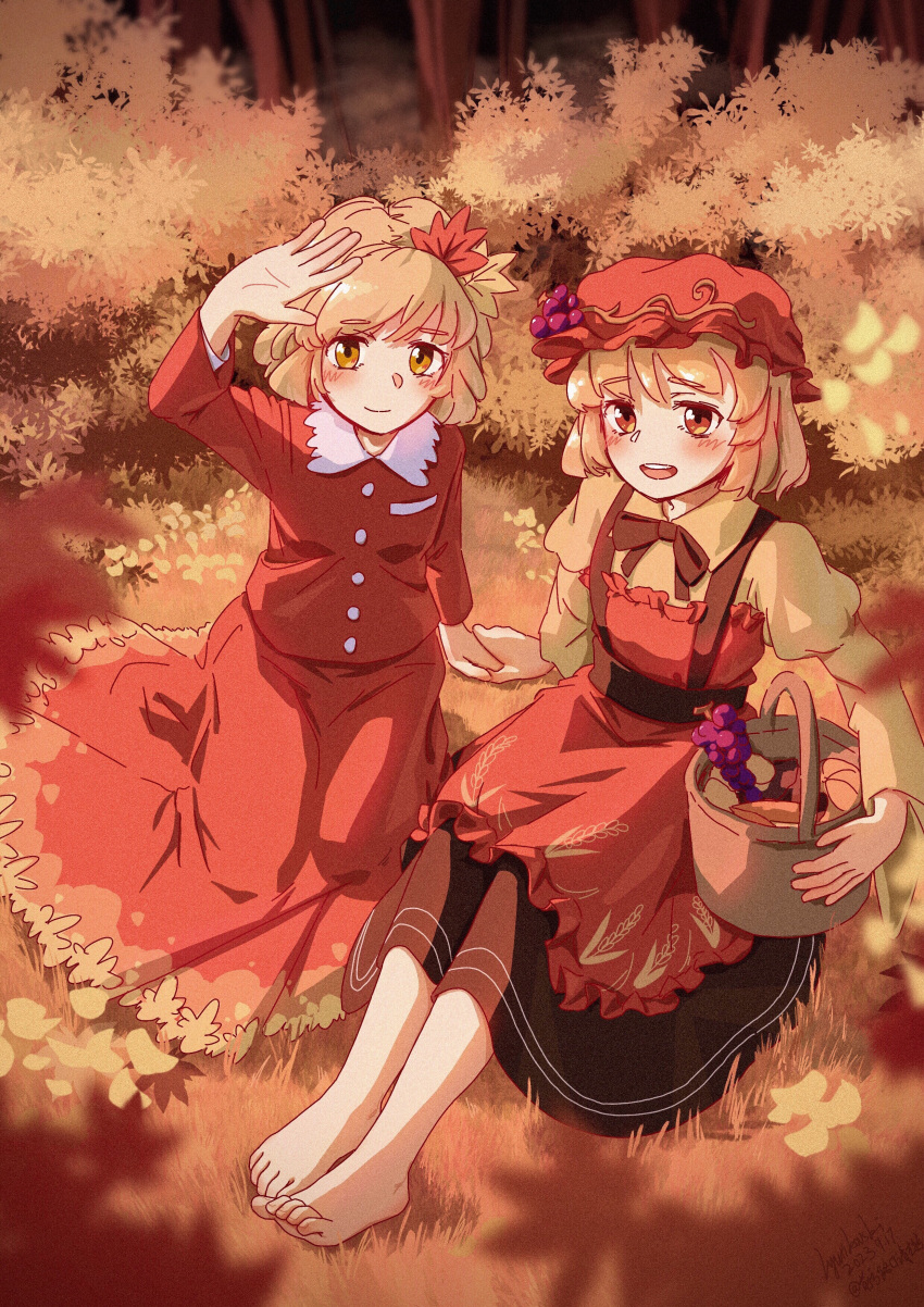 absurdres aki_minoriko aki_shizuha apron autumn autumn_leaves barefoot food fruit fruit_hat_ornament grape_hat_ornament grapes hair_ornament hat highres leaf leaf_hair_ornament leaf_on_head lyutikovski maple_leaf mob_cap red_apron siblings sisters sweet_potato touhou