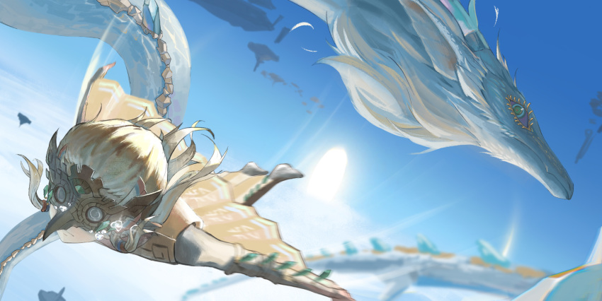 1boy blonde_hair blue_eyes blue_sky blurry blurry_background colored_sclera dragon eastern_dragon floating_island glide_set_(zelda) gliding highres light_dragon_(zelda) link mask midair outstretched_arms pointy_ears purple_sclera sky sunlight tears the_legend_of_zelda the_legend_of_zelda:_tears_of_the_kingdom watanab1019 wingsuit