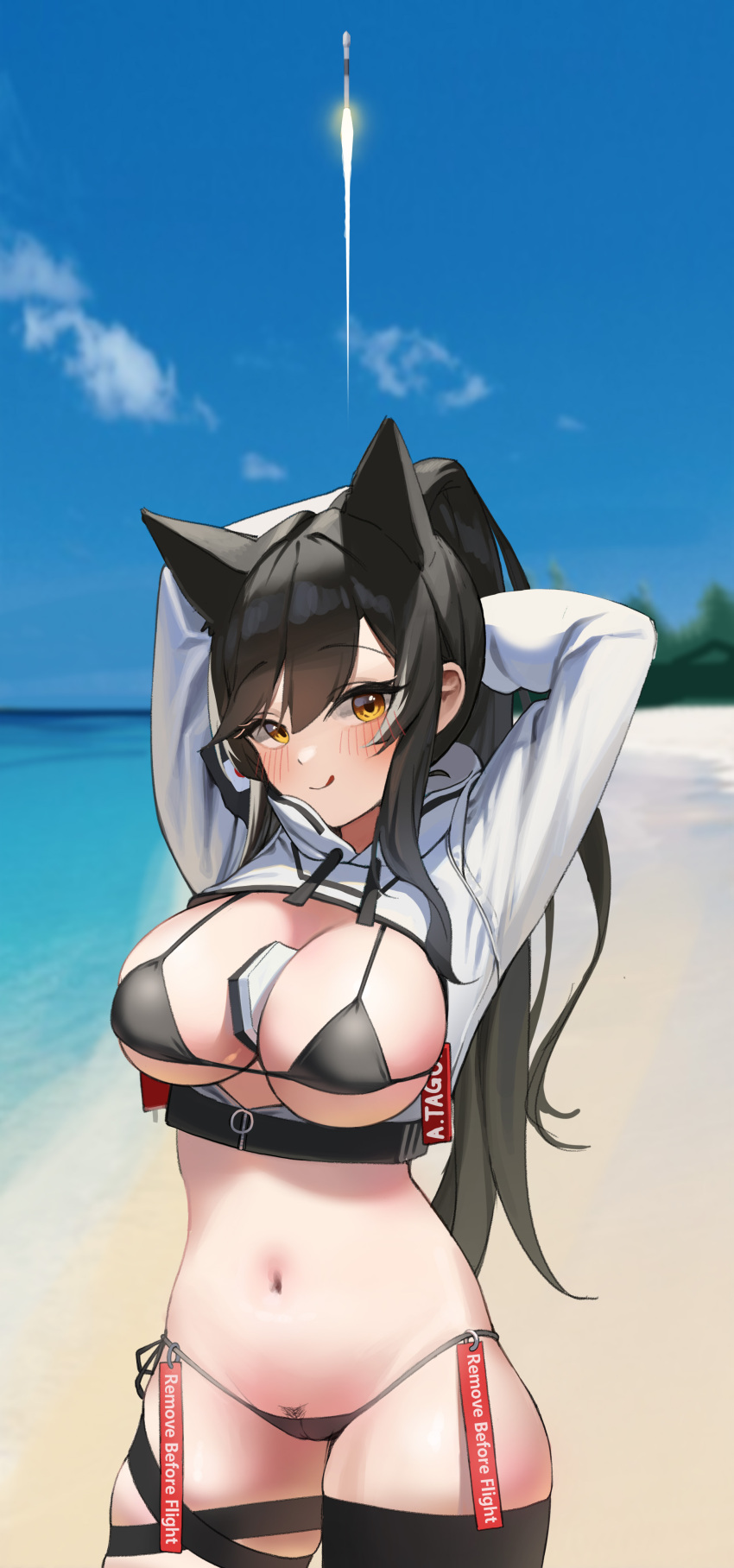 :p absurdres animal_ears arms_up atago_(azur_lane) atago_(space_atago)_(greyeth)_(azur_lane) beach bikini black_bikini black_hair black_panties breasts cameltoe character_name cloud commission cropped_jacket dog_ears dong_ji female_pubic_hair heat_shield_tile highres japanese_flag large_breasts long_hair mole mole_under_eye multicolored_hair panties pubic_hair pubic_hair_peek remove_before_flight_tag rocket single_thighhigh sky streaked_hair swimsuit thigh_strap thighhighs tongue tongue_out underwear yellow_eyes