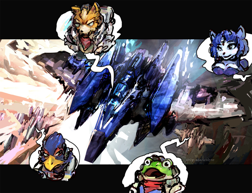 amphibian anthro arwing avian bird canid canine cycadaacolyte falcon falconid female fox frog group hi_res male mammal nintendo science_fiction speedpaint speedpainting star_fox