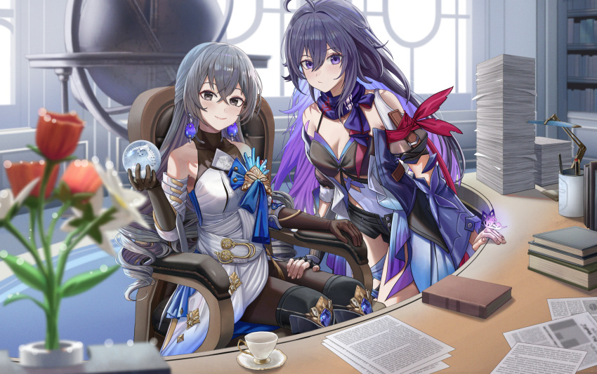 2girls bare_shoulders black_footwear black_gloves blush boots bronya_rand chair closed_mouth crossed_bangs cup earrings elbow_gloves flower gloves grey_eyes grey_hair hand_on_another's_thigh highres holding honkai:_star_rail honkai_(series) indoors jewelry long_hair multiple_girls paper paper_stack purple_eyes purple_hair seele_(honkai:_star_rail) silvertsuki sitting smile thigh_boots