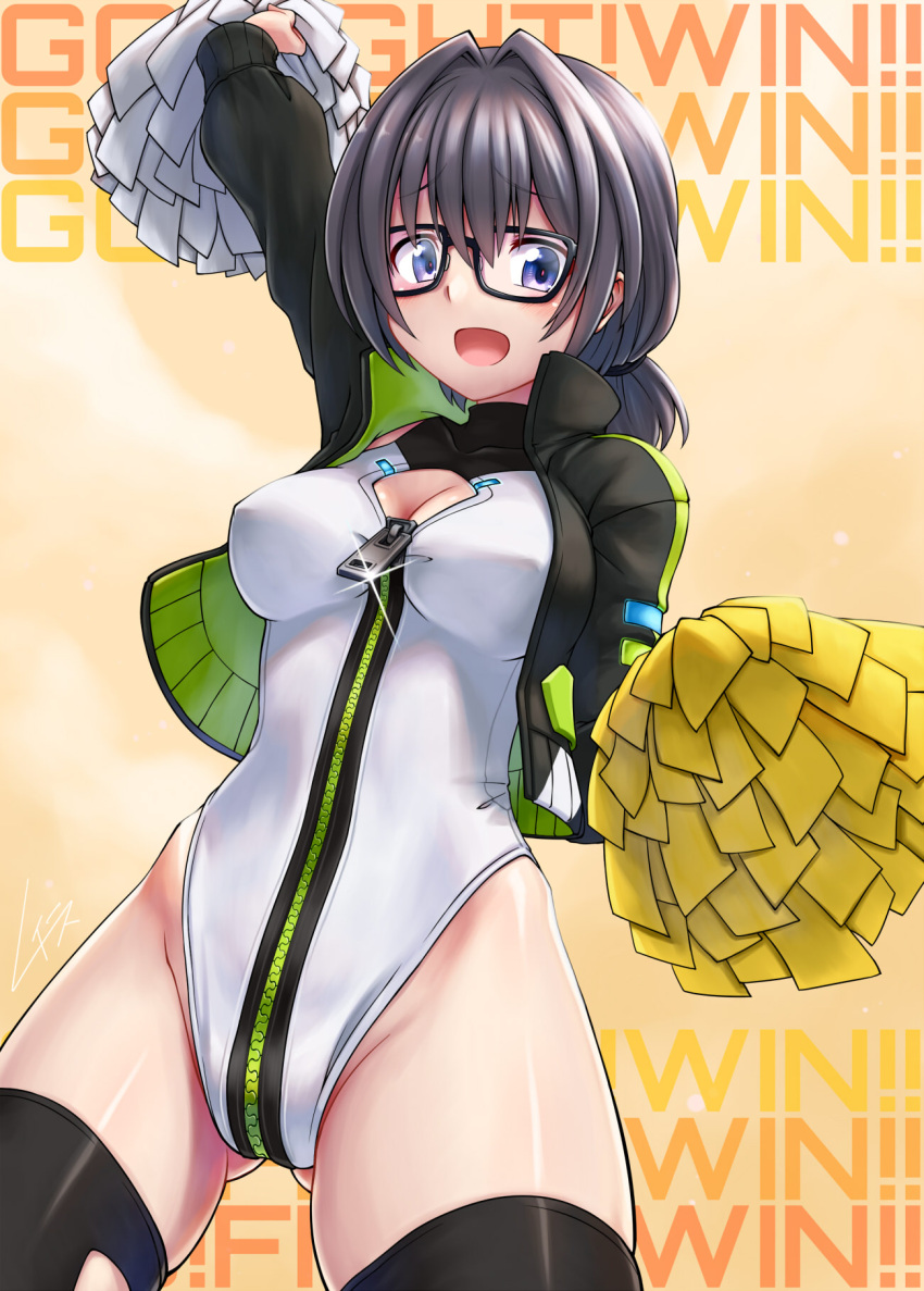1girl alice_gear_aegis ass_visible_through_thighs black-framed_eyewear black_hair black_jacket black_thighhighs blue_eyes breasts cleavage cleavage_cutout clothing_cutout companion/af cowboy_shot hair_intakes highleg highleg_leotard highres jacket komazoi_eden leotard low_twintails medium_breasts not_makigai open_clothes open_jacket open_mouth pom_pom_(cheerleading) race_queen short_hair solo thighhighs twintails zipper_leotard
