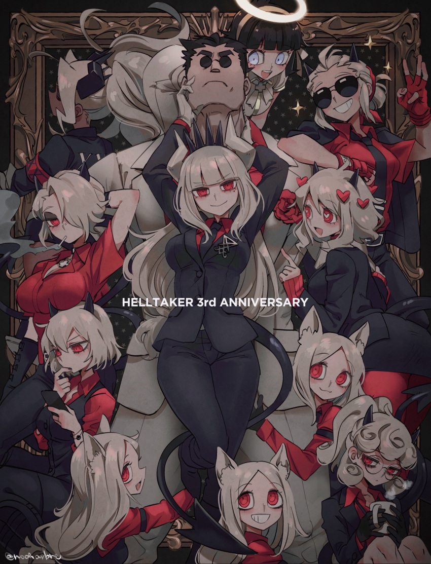 1boy 6+girls absurdres angel animal_ears azazel_(helltaker) black_hair black_horns black_suit cerberus_(helltaker) cup demon demon_girl demon_horns demon_tail formal gloves half-closed_eyes halo hands_on_another's_face heart heart-shaped_pupils helltaker helltaker_(character) highres holding holding_cup horns judgement_(helltaker) justice_(helltaker) looking_at_another looking_up lucifer_(helltaker) malina_(helltaker) modeus_(helltaker) mole mole_under_eye multiple_girls noah_(tettsui-sole) office_lady pandemonica_(helltaker) red_eyes red_gloves red_shirt round_eyewear shirt smile smoking suit sunglasses symbol-shaped_pupils tail white_gloves white_hair white_suit zdrada_(helltaker)