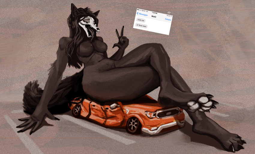 anthro black_body black_fur black_hair bodily_fluids bone breasts canid canine canis car crossed_legs digital_media_(artwork) featureless_breasts female fur hair hi_res long_hair macro malo mammal narrowed_eyes nude pawpads paws saliva scp-1471 scp-1471-a scp_foundation sitting skull skull_head solo solo_focus tail texting tongue tongue_out vehicle wet_soc