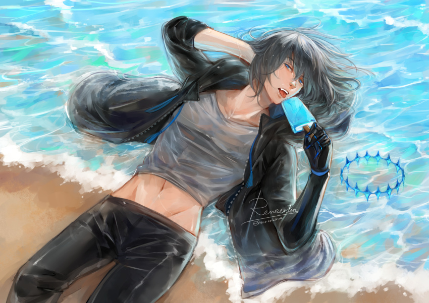 1boy black_hair black_jacket blue_eyes collarbone fate/grand_order fate_(series) food grey_shirt groin highres holding holding_food holding_popsicle hood hooded_jacket jacket long_sleeves lying male_focus midriff navel oberon_(fate) on_back open_clothes open_jacket open_mouth popsicle renrenkaaa shirt shore signature solo teeth tongue tongue_out upper_teeth_only zipper