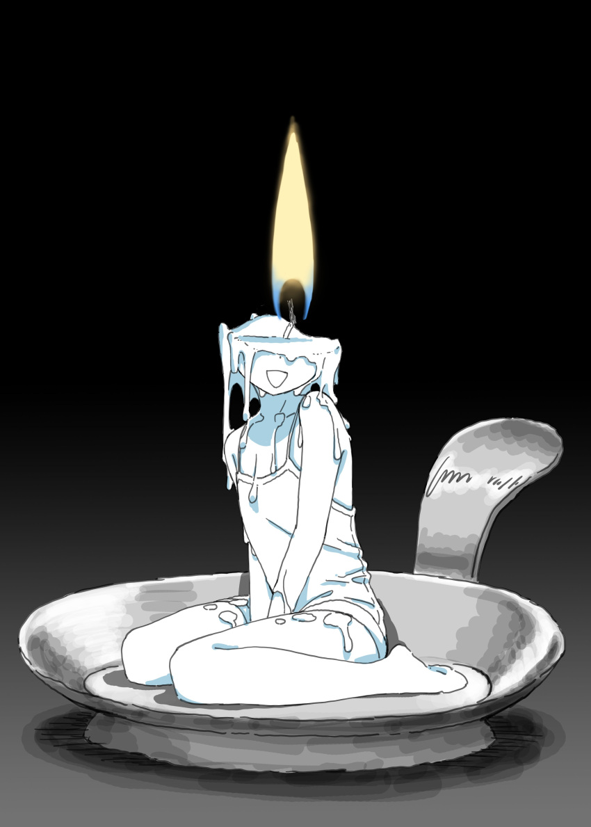 1girl :d absurdres barikios between_legs black_background burning camisole candle candle_wax colored_skin gradient_background hand_between_legs highres looking_at_viewer melting original personification short_hair sitting smile solid_circle_eyes solo white_hair white_skin yokozuwari