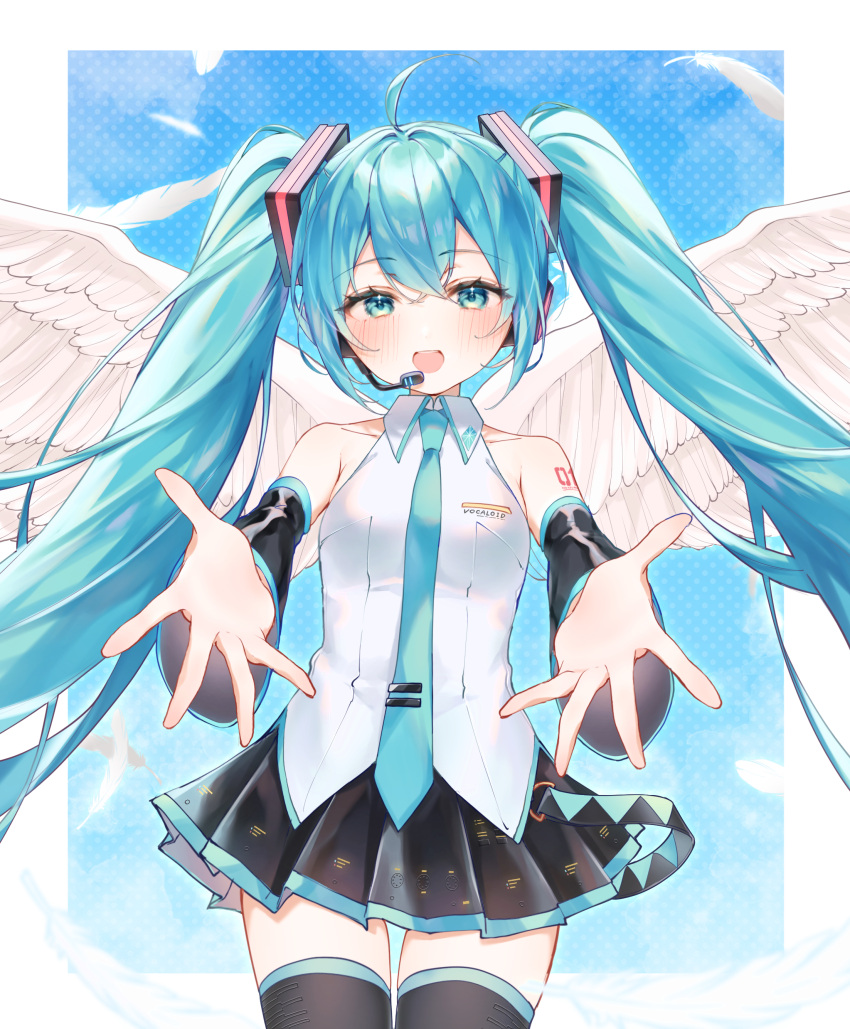 1girl :d absurdres ahoge bare_shoulders belt black_skirt black_sleeves black_thighhighs blue_eyes blue_hair blue_necktie blue_sky blush border collarbone collared_shirt cowboy_shot detached_sleeves drawing_kanon falling_feathers foreshortening hair_between_eyes hair_ornament hatsune_miku headset highres legs_together long_hair long_sleeves looking_at_viewer loose_belt microphone miniskirt necktie number_tattoo open_hands open_mouth outstretched_arms pleated_skirt polka_dot polka_dot_background raised_eyebrows reaching reaching_towards_viewer shirt sidelocks skirt sky sleeveless sleeveless_shirt smile solo straight-on tattoo teeth thigh_gap thighhighs tie_clip twintails upper_teeth_only very_long_hair vocaloid white_border white_shirt white_wings wings zettai_ryouiki