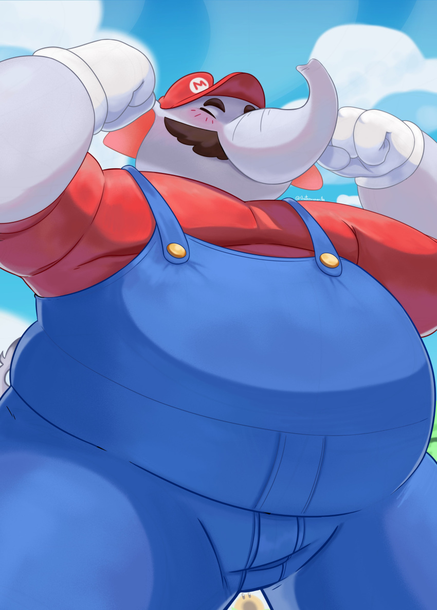 absurd_res anthro belly blush clothing elephant elephant_mario elephantid facial_hair gloves handwear hat headgear headwear hi_res male mammal mario mario_bros mustache nintendo overalls overweight proboscidean proboscis_(anatomy) solo super_mario_bros_wonder trunk_(anatomy) unatazaamarilla